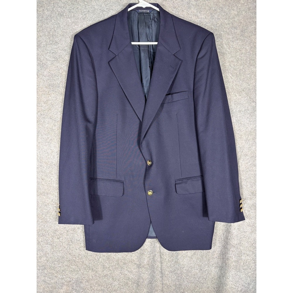Burberrys Mens Navy Blue Wool Blazer Gold Crest Button Sport Coat Vintage USA